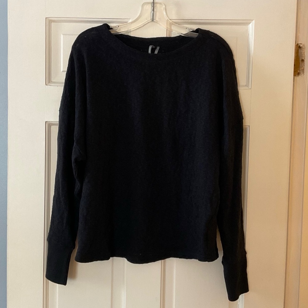 Anthropologie Textured Knit Top Black Cotton Linen Blend XL Capsule Wardrobe